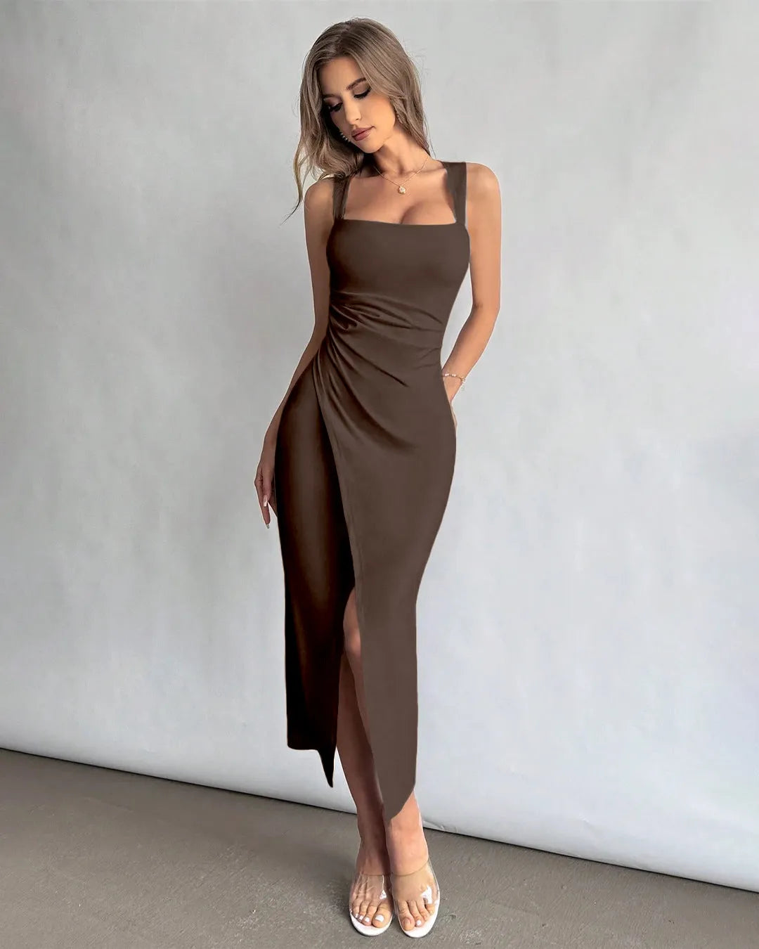 Square Neck Ruched Slit Midi Dress in Brown Square Neck Ruched Slit Midi Dress in Brown