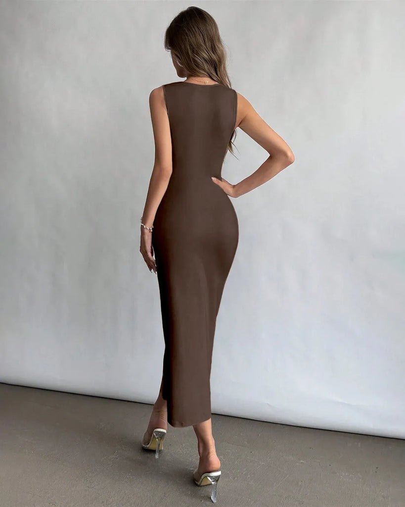 Back view of a brown midi dress featuring a square neckline, ruched detailing, and a thigh slit for a sculpted, elegant silhouette.