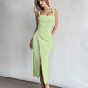 Square Neck Ruched Slit Midi Dress in Herbal Green Front View for Women | Littlebox India