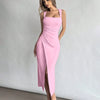 Stylish prism pink midi dress with a square neckline, ruched design, and a fashionable slit for added flair.