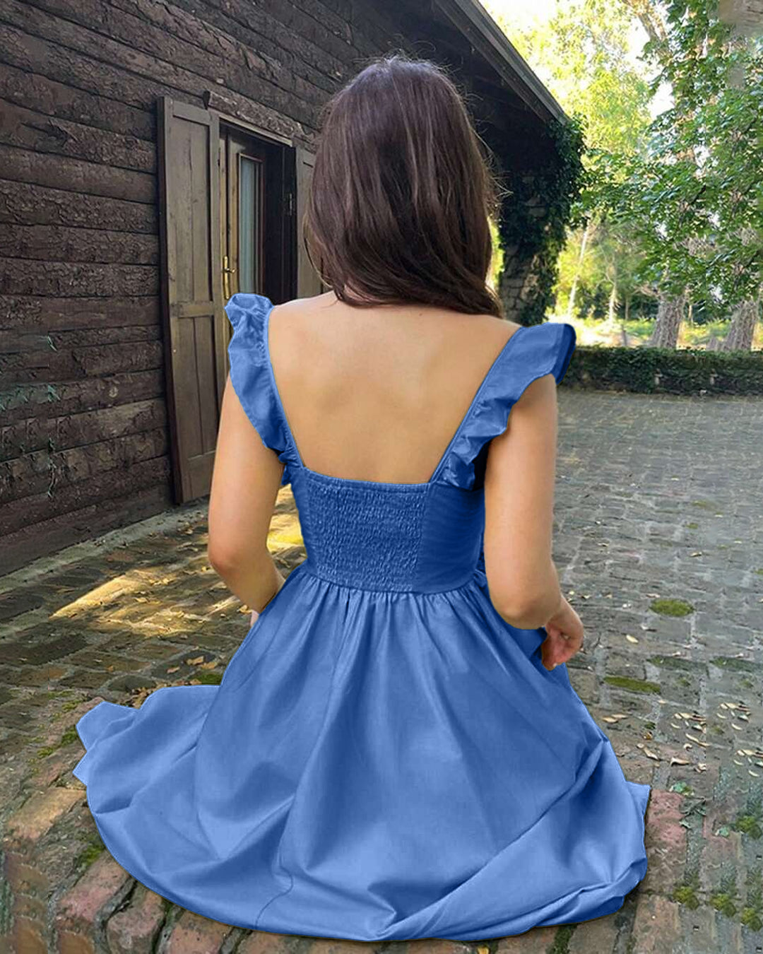 Square Neck Ruffle Trim Flared Dress in Deep Blue- Littlebox India