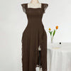 Square Neck Ruffle Trim Slit Fitted Dress Curve & Plus in Coco Brown Front View for Women | Littlebox India