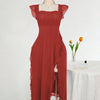 Square Neck Ruffle Trim Slit Fitted Dress Curve & Plus in Dark Red Front View for Women | Littlebox India