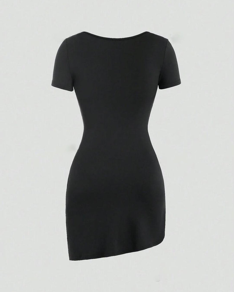black dress featuring a square neckline and short sleeves, designed with ruched detailing for a stylish look back view