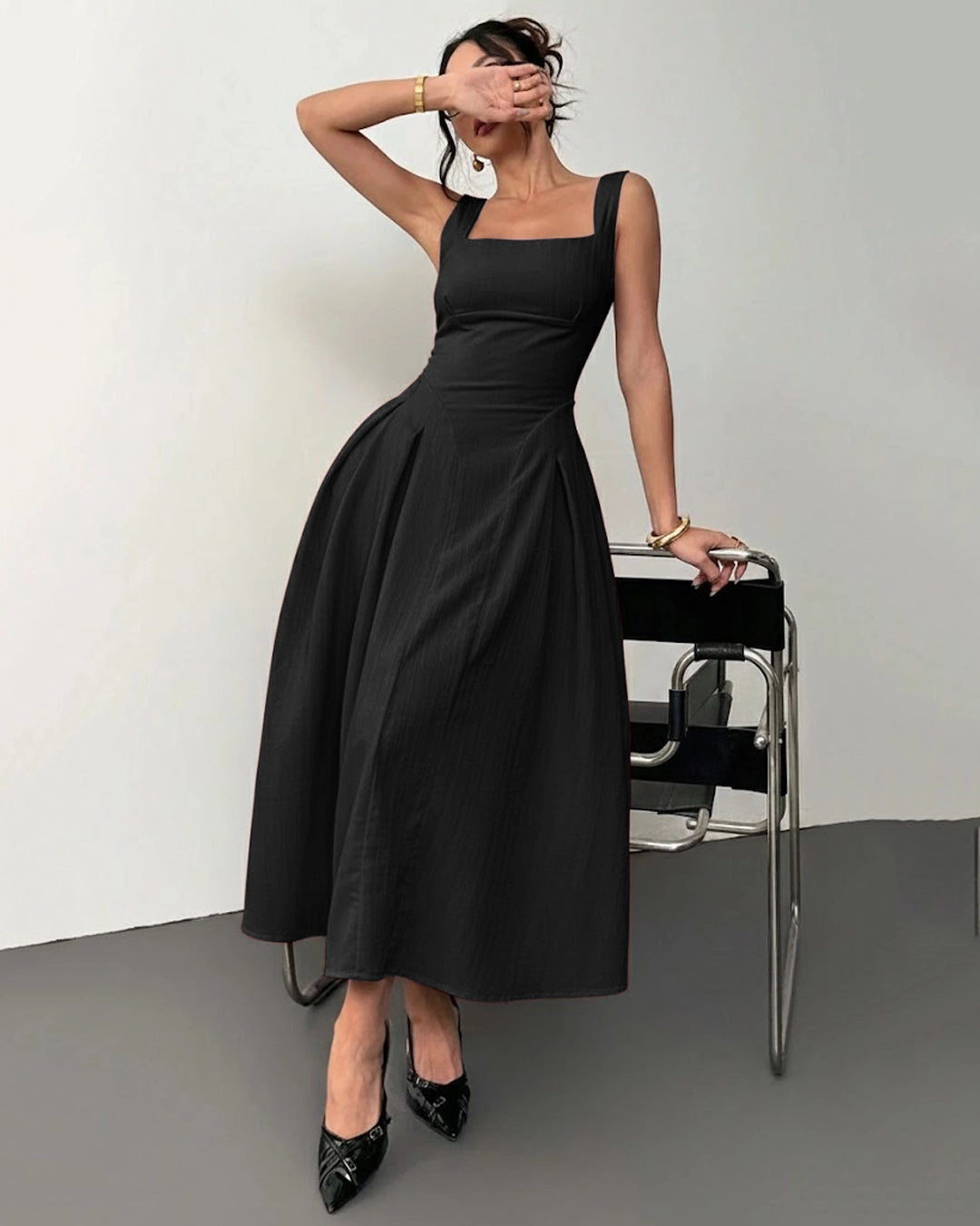 a line black dress sleeveless Square Neck A-Line Midi in Classic Black- Littlebox India A-line satin wedding dress Front Style:Chain Only smooth texture