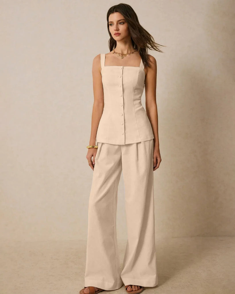 Model showcases a light khaki square neck sleeveless co-ord set with front buttons, paired with wide pants.