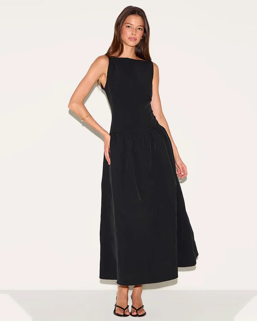 Black sleeveless fit and flare maxi dress with a square neck, made from soft, stretchy fabric.