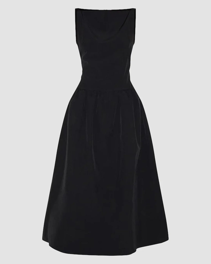 Back view of a Black sleeveless fit and flare maxi dress with a square neck, made from soft, stretchy fabric.