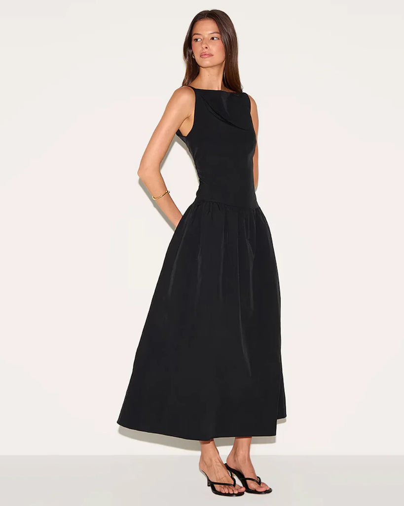 Black sleeveless fit and flare maxi dress with a square neck, made from soft, stretchy fabric.