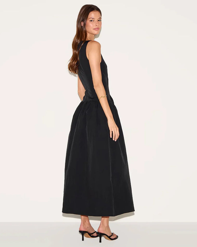 Black sleeveless fit and flare maxi dress with a square neck, made from soft, stretchy fabric.