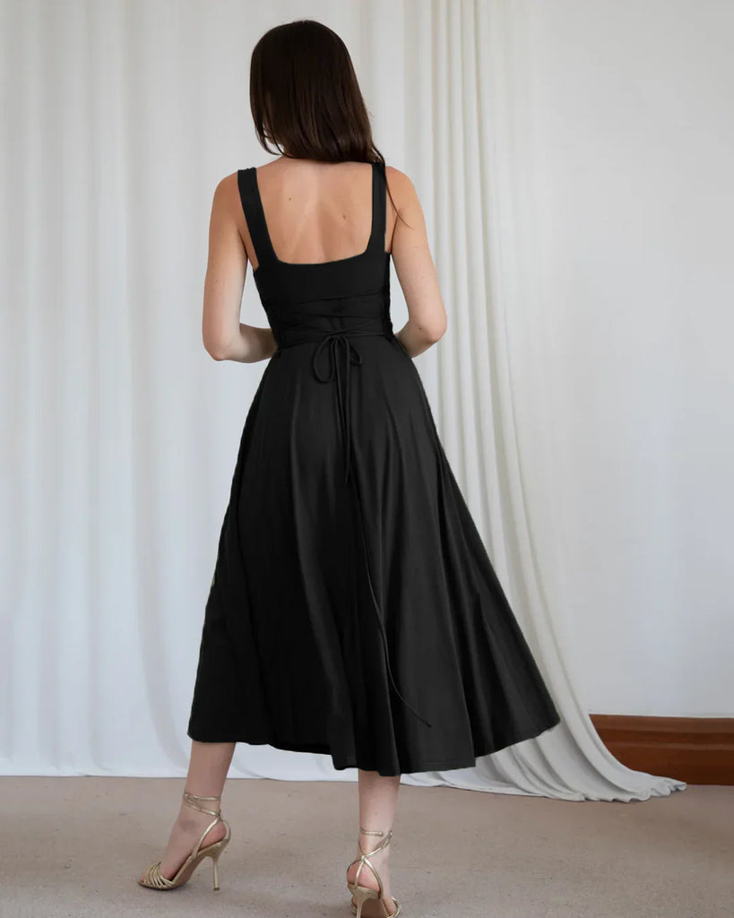 Sleeveless Fit & Flare Midi Dress in Black