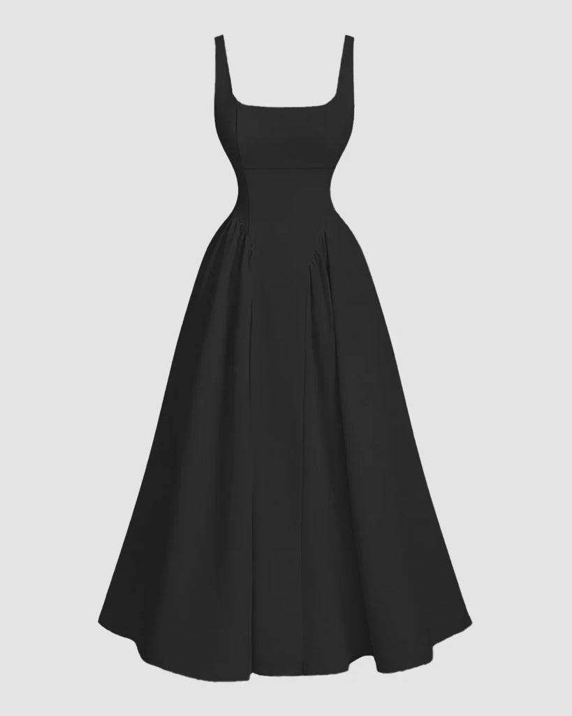 Black sleeveless maxi dress featuring a square neckline and a flared silhouette.
