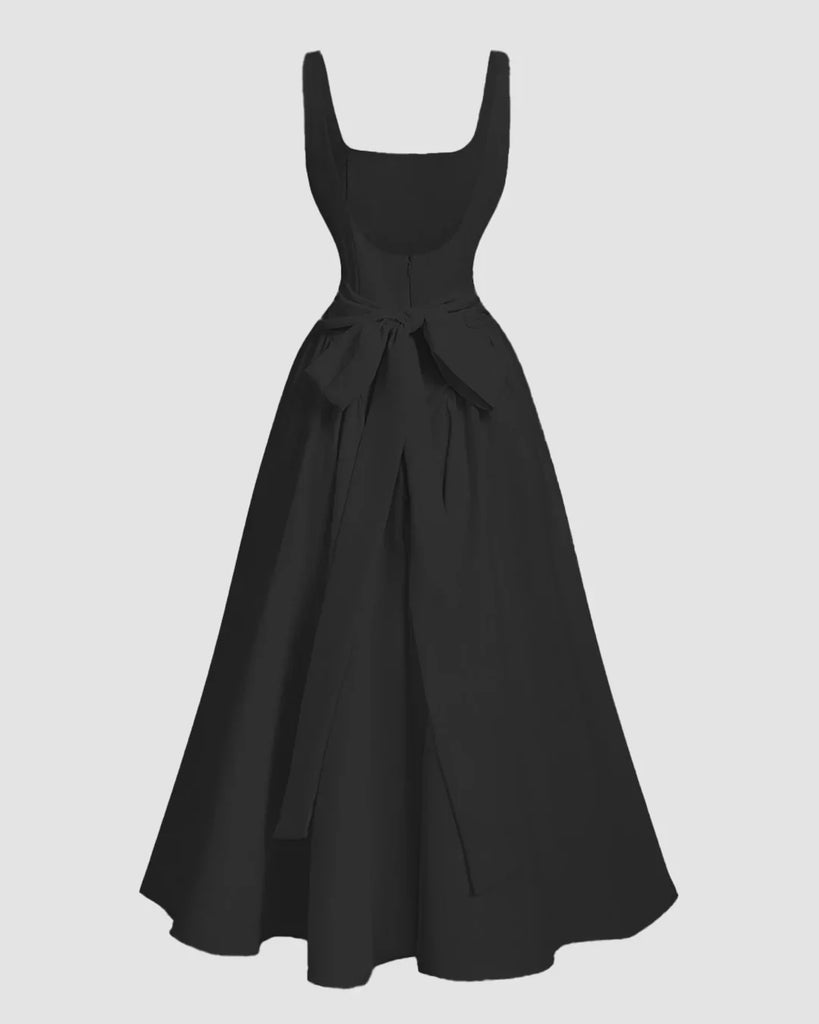 Back view of a Black sleeveless maxi dress featuring a square neckline and a flared silhouette.