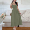 Front view of Green square neck sleeveless midi sundress with fitted bodice and flared skirt, soft flowy silhouette