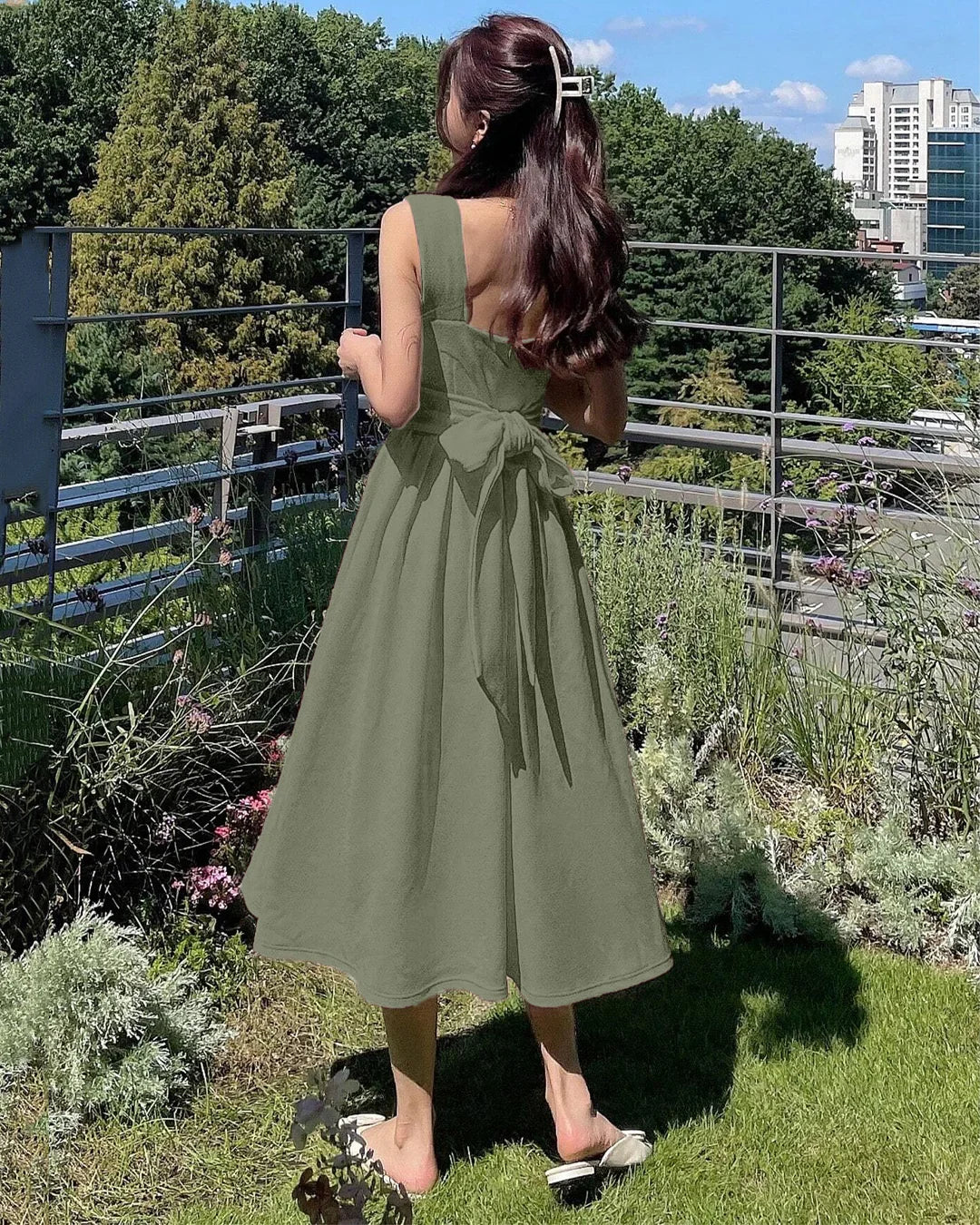 Green Square Neck Sleeveless Sundress Midi  Littlebox India