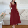 Front view of Maroon square neck sleeveless sundress midi dress with fitted bodice and flowy skirt, featuring a flattering silhouette
