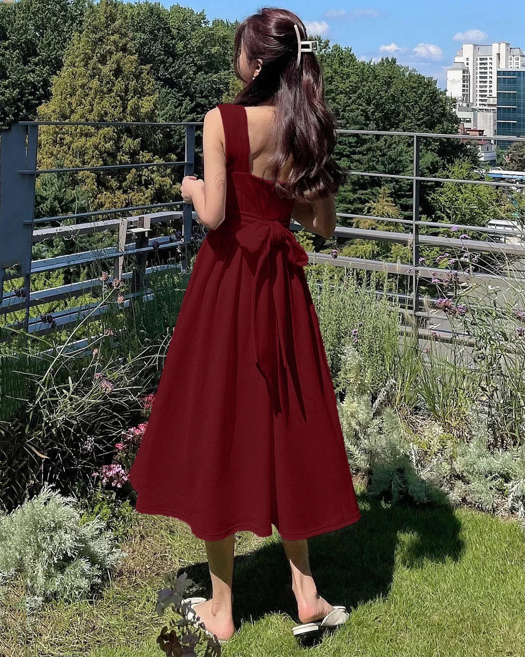 Square Neck Sleeveless Sundress Midi Dress in Maroon Square Neck Sleeveless Sundress Midi Dress in Maroon