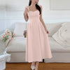 Front view of Powder pink square neck sleeveless sundress midi dress with fitted bodice and flowy skirt, featuring a soft silhouette