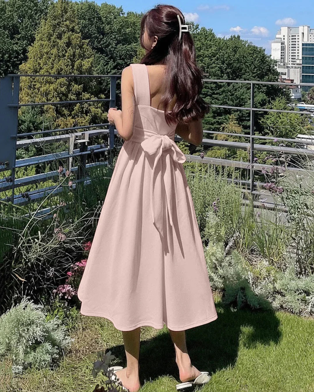 Pink Square Neck Sleeveless Sundress Midi Dress - Littlebox Pink Square Neck Sleeveless Sundress Midi Dress - Littlebox