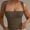 Front view of square neck tank top with wide straps, ruched fit and stretch fabric for a sleek fitted look.