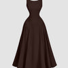 Square Neck Slim Fit Flared Hem Sleeveless Midi Dress in Chocolate Fondae Front View for Women | Littlebox India