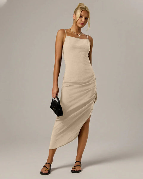 Square Neck Slim Fit Spaghetti Strap Sleeveless Midi Dress in Light Khaki Front View for Women | Littlebox India