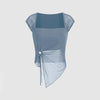 Blue mesh top with a square neck, short sleeves, and a side tie detail.