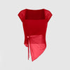 Red mesh top with short sleeves, square neck, and a side tie detail.