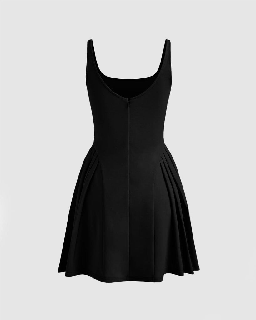 Black mini dress featuring a square neckline and pleated cami design back view