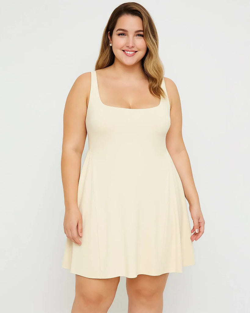 Off-white mini dress featuring a square neck and pleated Cami , tailored for plus size and curve figures