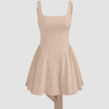 Square Neck Solid Ruffle Pleated Knotted Mini Dress In Peach Front View for Women | Littlebox India