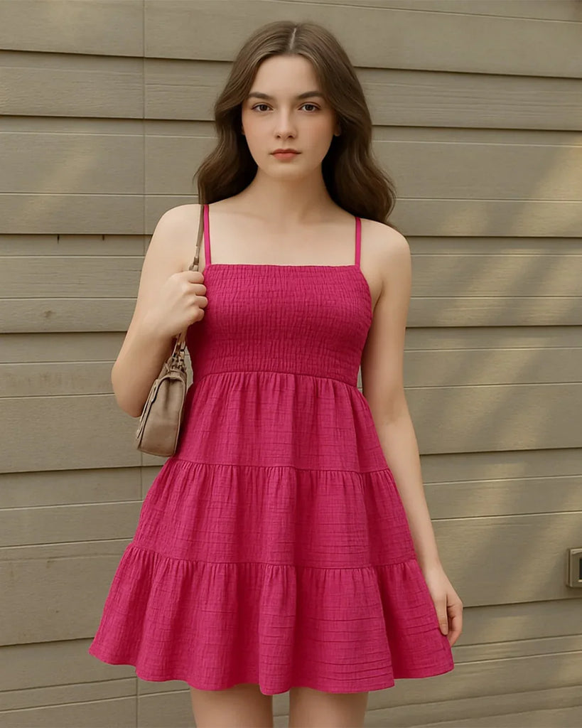 A pink beach dress featuring a square neckline and spaghetti straps for a breezy, effortless look.