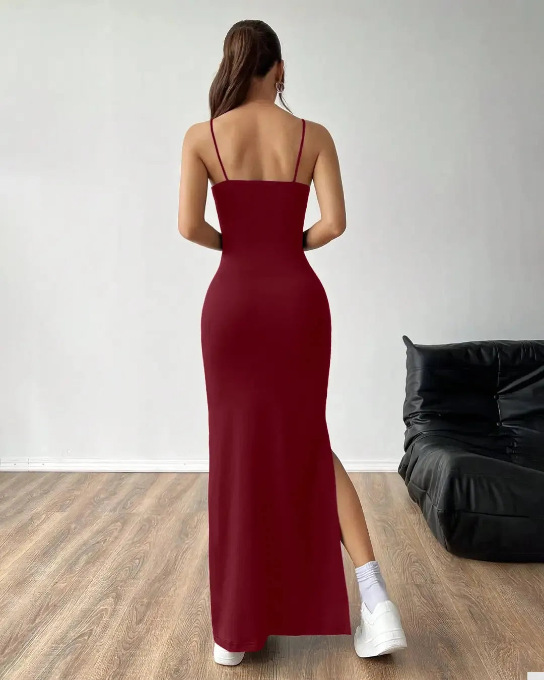 Square Neck Spaghetti Strap Bodycon Maxi Dress In Maroon