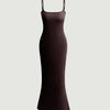 chocolate brown maxi dress featuring a square neckline and spaghetti straps