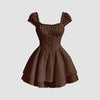 square neck chocolate brown dress featuring ruffled sleeves and a textured waist-cinching design