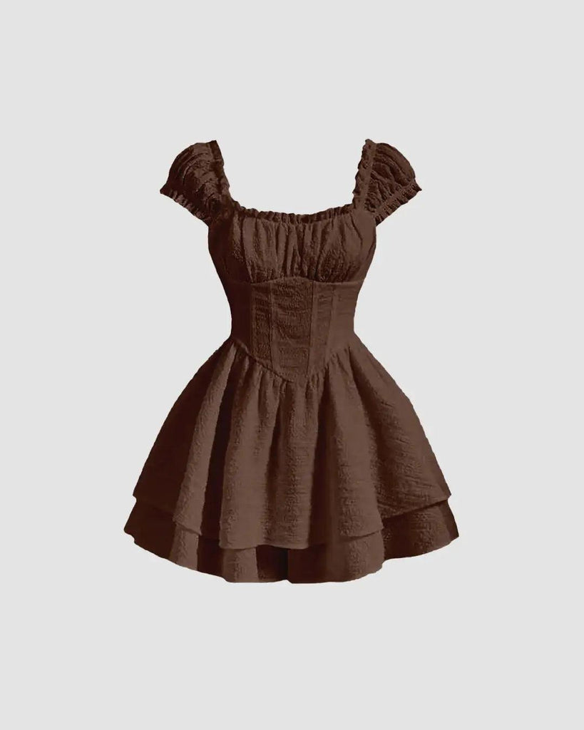 square neck chocolate brown dress featuring ruffled sleeves and a textured waist-cinching design