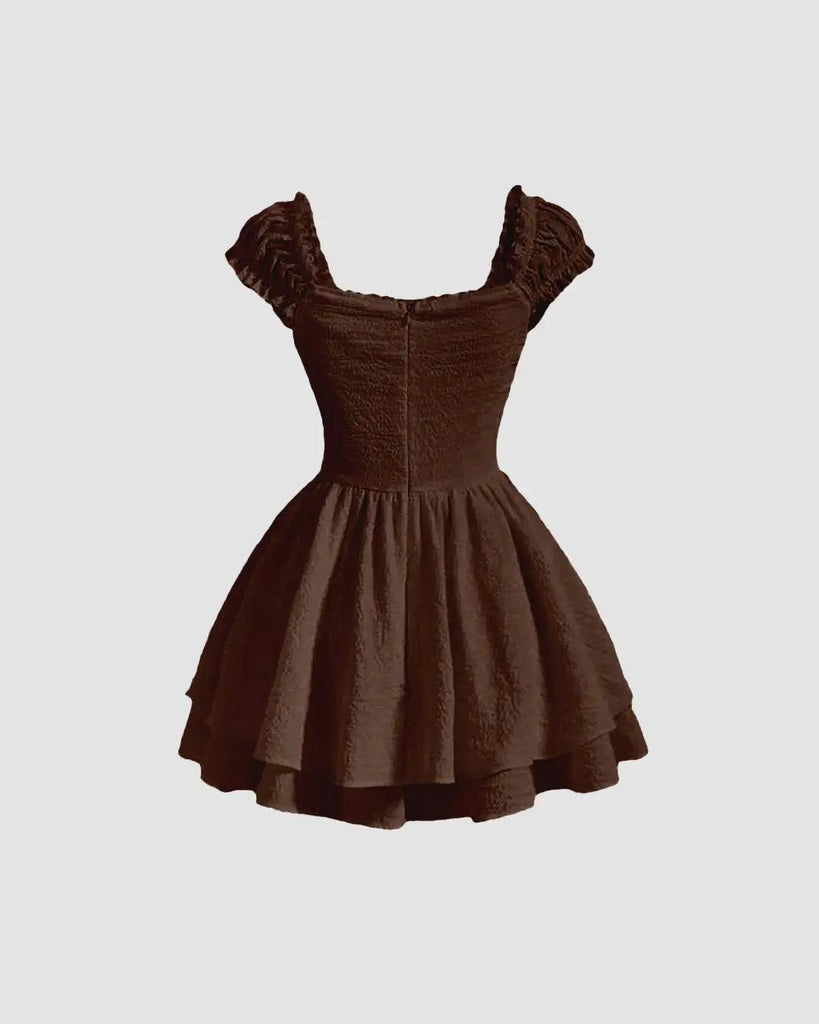 Back view of a square neck chocolate brown dress featuring ruffled sleeves and a textured waist-cinching design