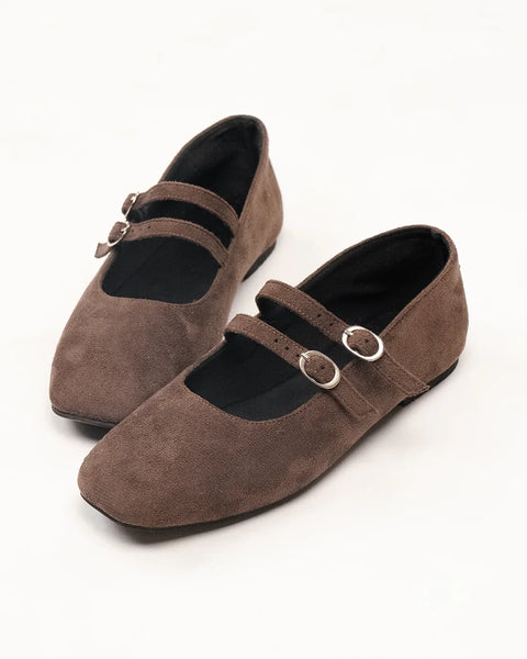Front view of brown square toe mary jane ballet flat shoes with double strap and buckle detail, stylish ballet flat shoes.