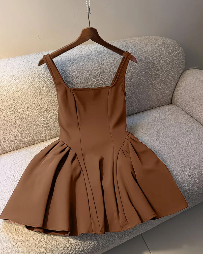 Brown Square Neck Flared Mini Dress - Littlebox India Brown Square Neck Flared Mini Dress - Littlebox India