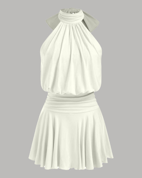 Stand Collar Sleeveless A-Line Mini Dress in Beige Front View for Women | Littlebox India