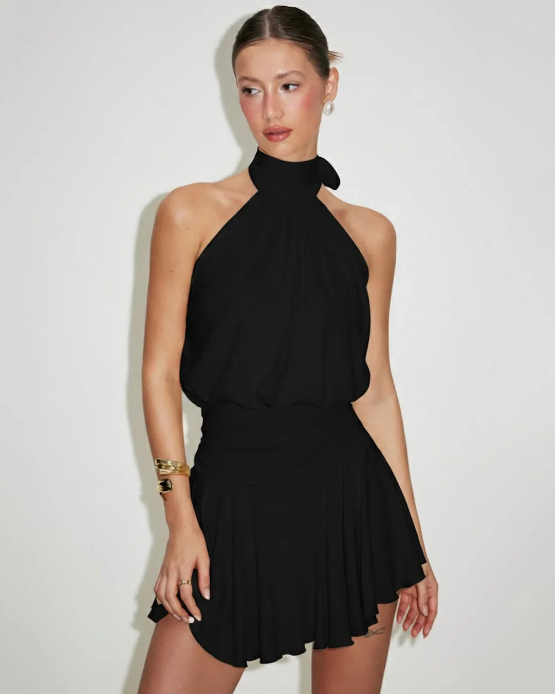 Stand Collar Sleeveless A-Line Mini Dress in Black- Littlebox India