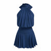 Stand Collar Sleeveless A-Line Mini Dress in Blue Front View for Women | Littlebox India