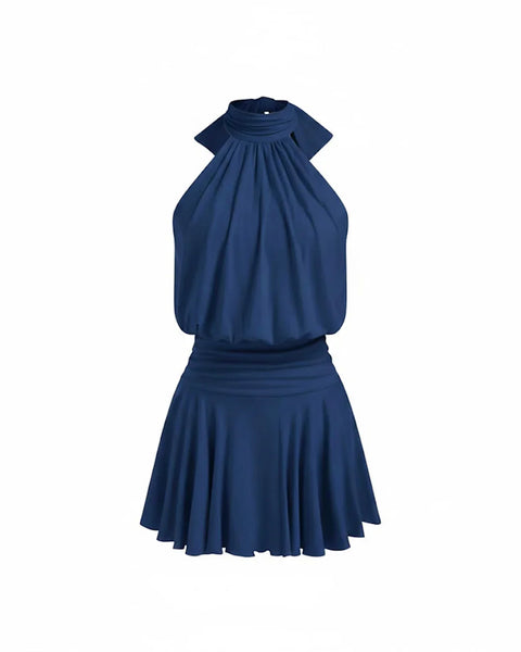 Stand Collar Sleeveless A-Line Mini Dress in Blue Front View for Women | Littlebox India