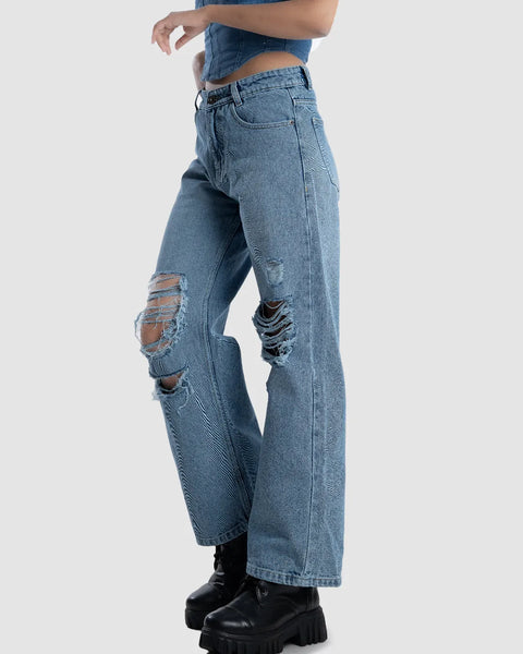 Front view of Straight fit high rise jeans in blue with distressed rips, classic denim texture, and clean ankle length finish.