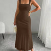 Strap Ruched Backless Knot Tie Dress Curve & Plus in Coco Brown Front View for Women | Littlebox India