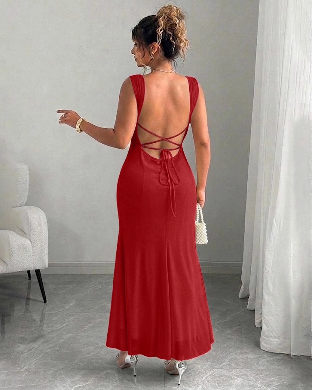 backless knot dress Strap Ruched Tie Curve & Plus in Dark Red- Littlebox India Above mid boho summer dress Girls Blue Dresses: Shop Color:Grey