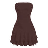 Mini dress in chocolate features strapless detail a cinched waist for a flattering silhouette