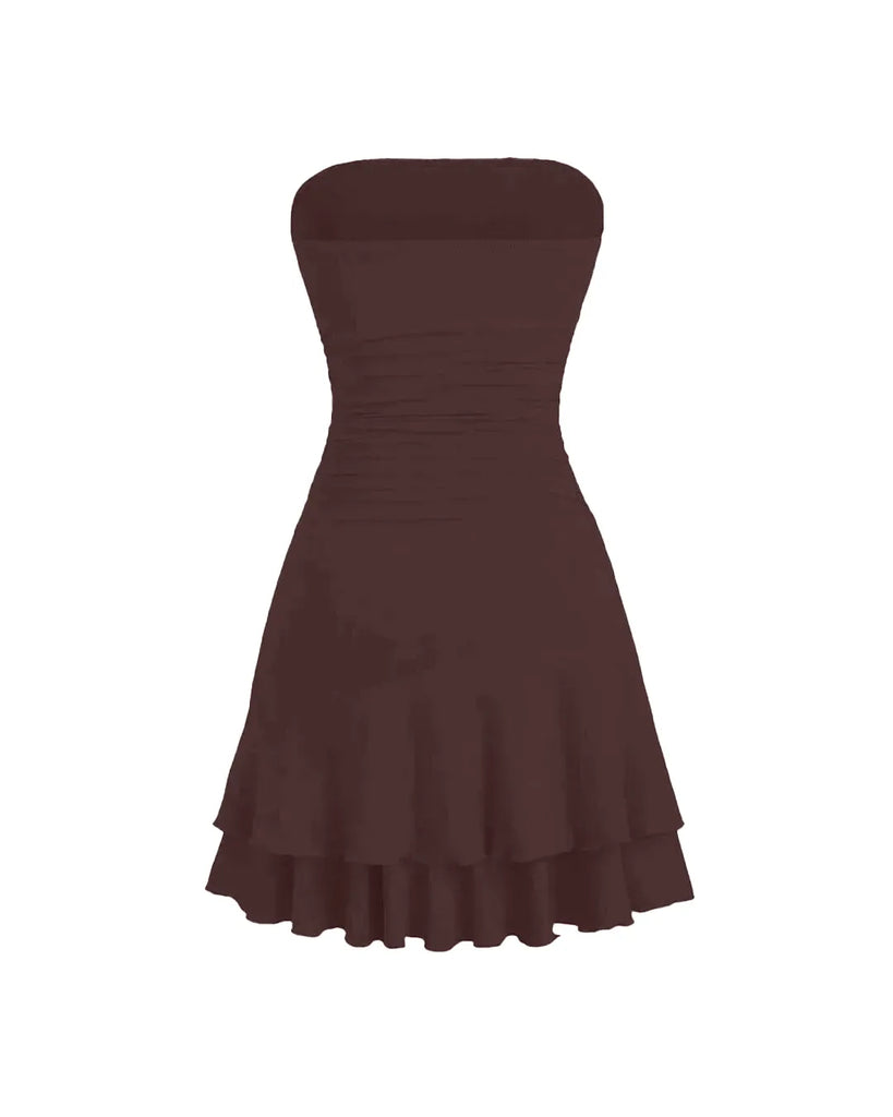 Back view of a Mini dress in chocolate features strapless detail a cinched waist for a flattering silhouette