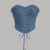 blue strapless corset top featuring delicate lace trim, structured boning, and a front lace-up ribbon detail for an adjustable fit