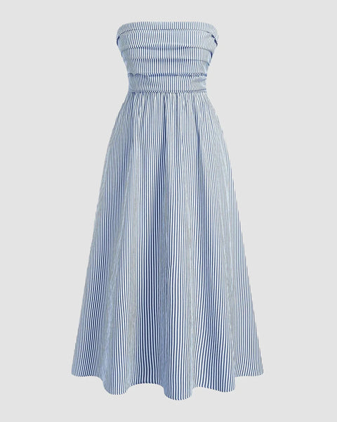 Front view of Blue and white striped strapless midi dress with smocked bodice and flowing A-line skirt, shown front and back.